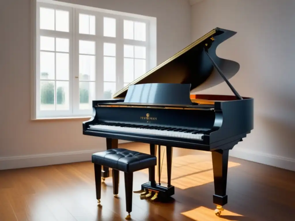 La importancia del ritmo poético se refleja en la elegancia de un piano negro bajo la luz suave que entra por la ventana, iluminando las teclas