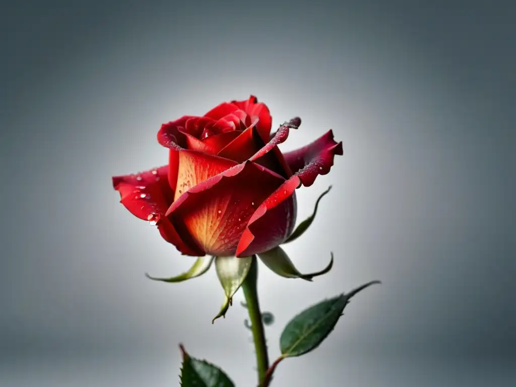 La importancia transformadora de la poesía: una rosa roja en flor con gotas de agua, delicadamente detallada en un fondo blanco