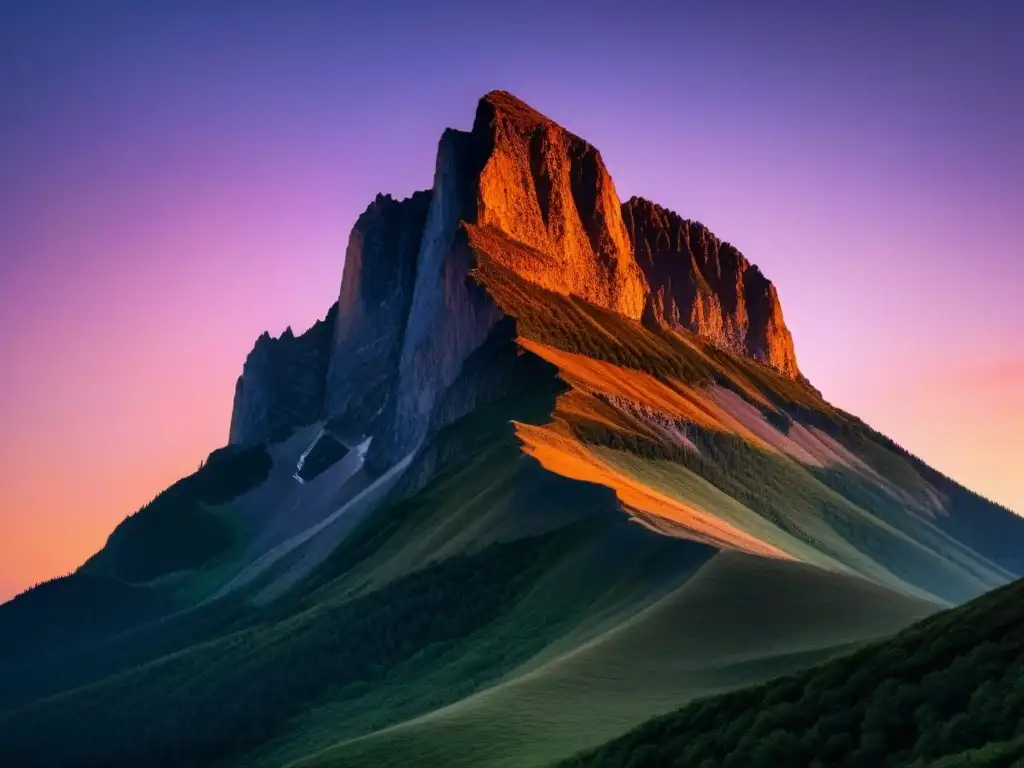 Impresionante montaña solitaria en contraste con un cielo dramático y colorido al atardecer, inspirando un análisis fervor patriótico José Espronceda