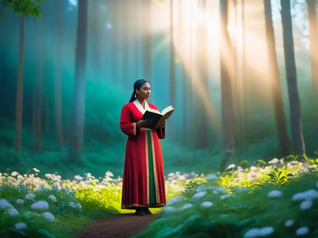 Un indígena contemplativo sostiene poesía indígena contemporánea transformadora en un bosque exuberante