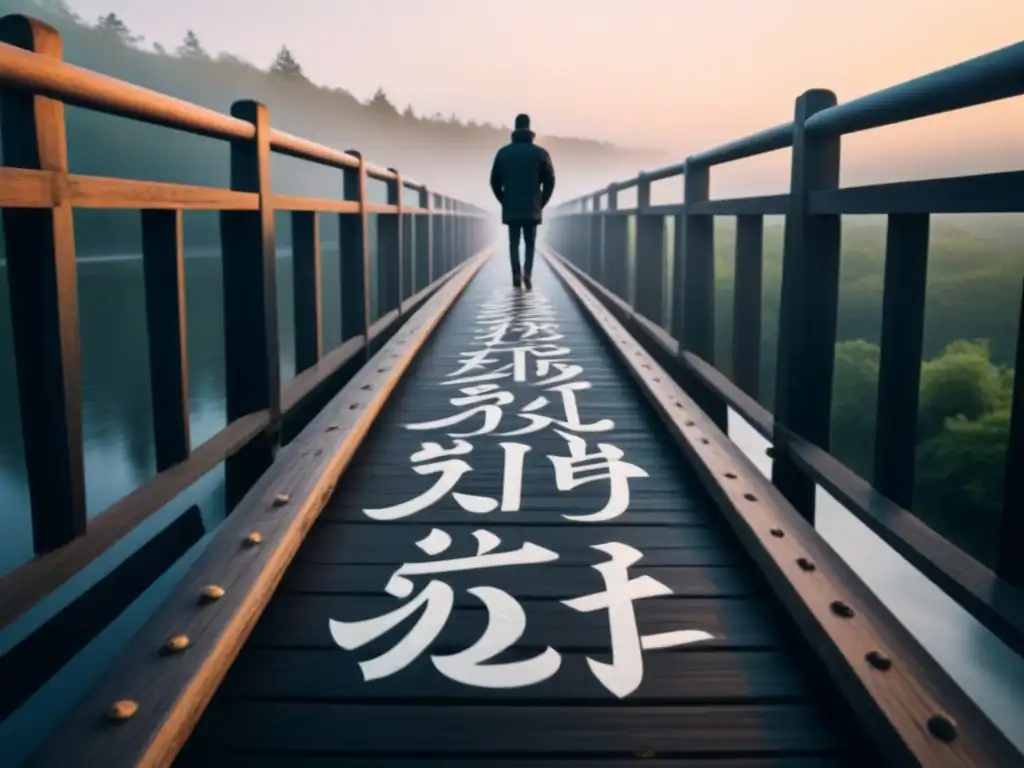 Un individuo contemplativo sobre un puente de caligrafía con palabras flotantes