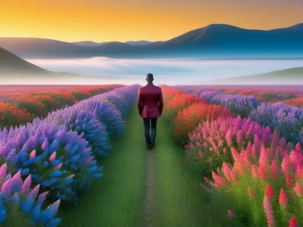 Un individuo solitario contempla el horizonte entre flores silvestres al atardecer