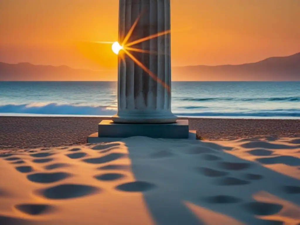 Influencia de la filosofía clásica en la poesía moderna: Columna griega solitaria en la playa al atardecer