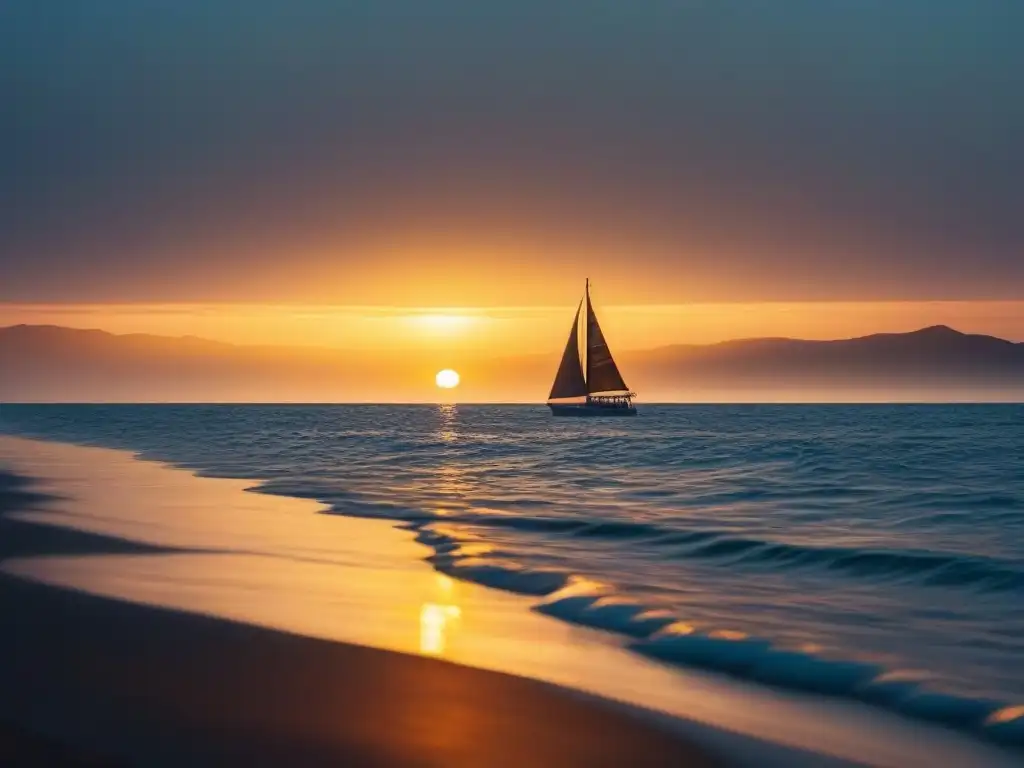 Influencia poesía en consciencia oceánica: Atardecer sereno en el mar, reflejando dorados del sol con velero solitario al fondo