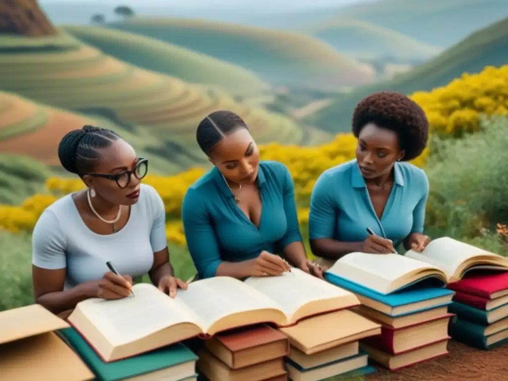 Influencia diáspora poesía africana: Poetas africanos creando en paisaje africano, rodeados de libros, expresando concentración e inspiración