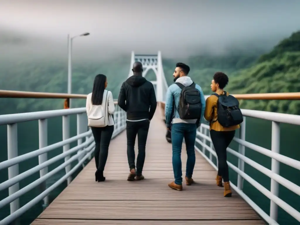 Influencia intercultural en poesía moderna: Personas de diversas culturas unidas en puentes interconectados, mirando hacia el futuro con unidad