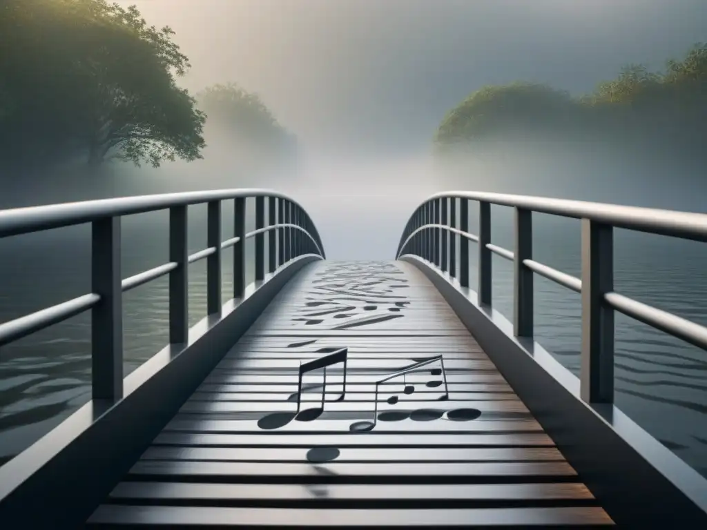 Influencia poesía en movimientos musicales: Puente estilizado de notas musicales y versos poéticos en blanco y negro