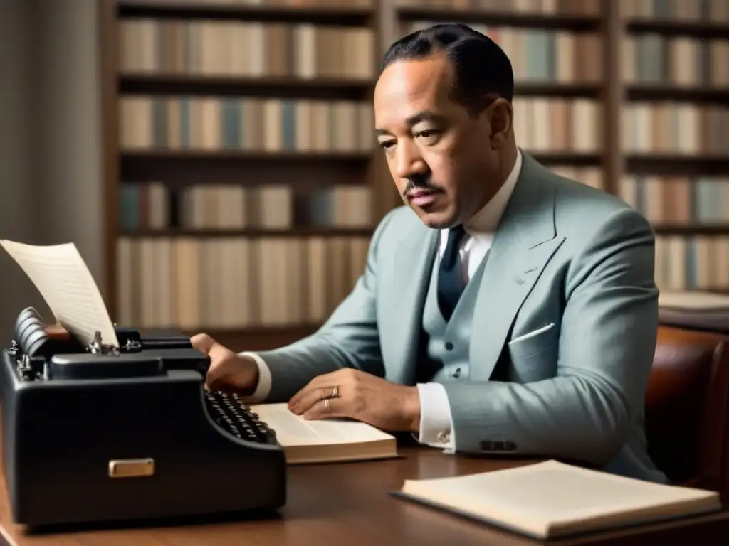 Langston Hughes, inmerso en su mundo de letras, rodeado de libros y papeles, con expresión contemplativa