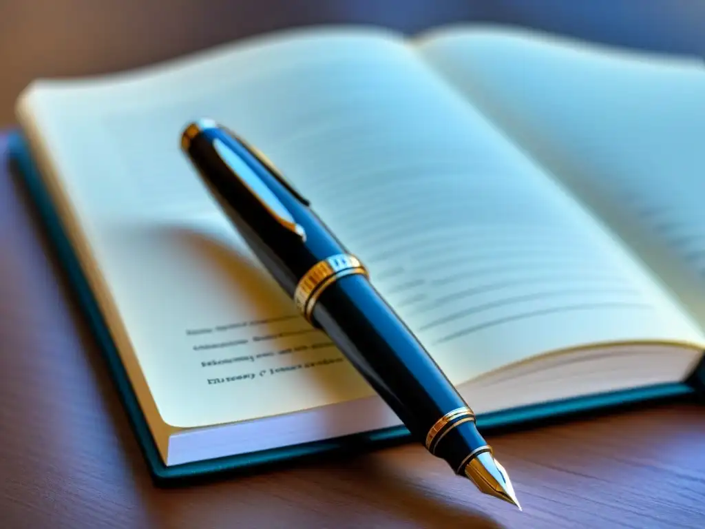 Inspiración para certificaciones escritura creativa narradores: pluma elegante sobre cuaderno en blanco, iluminación suave