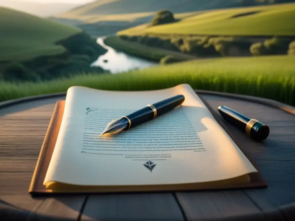 Poesía en tinta: Garcilaso de la Vega Inspiración literaria: pluma escribiendo poema de Garcilaso de Vega en paisaje sereno