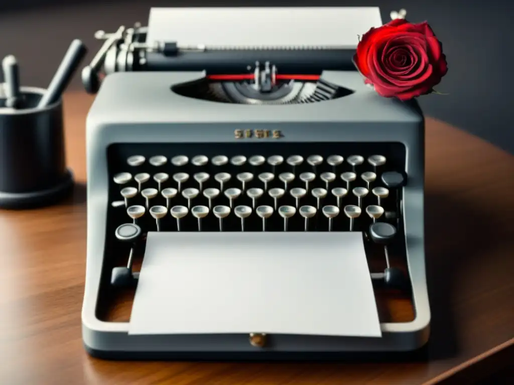 Un rincón inspirador: una máquina de escribir vintage en un escritorio moderno con una rosa roja