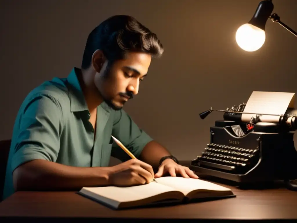 Poeta inspirado escribiendo versos en su estudio Inspirador poeta trabajando en su escritorio con pilas de cuadernos y una máquina de escribir vintage, iluminado por una lámpara tenue