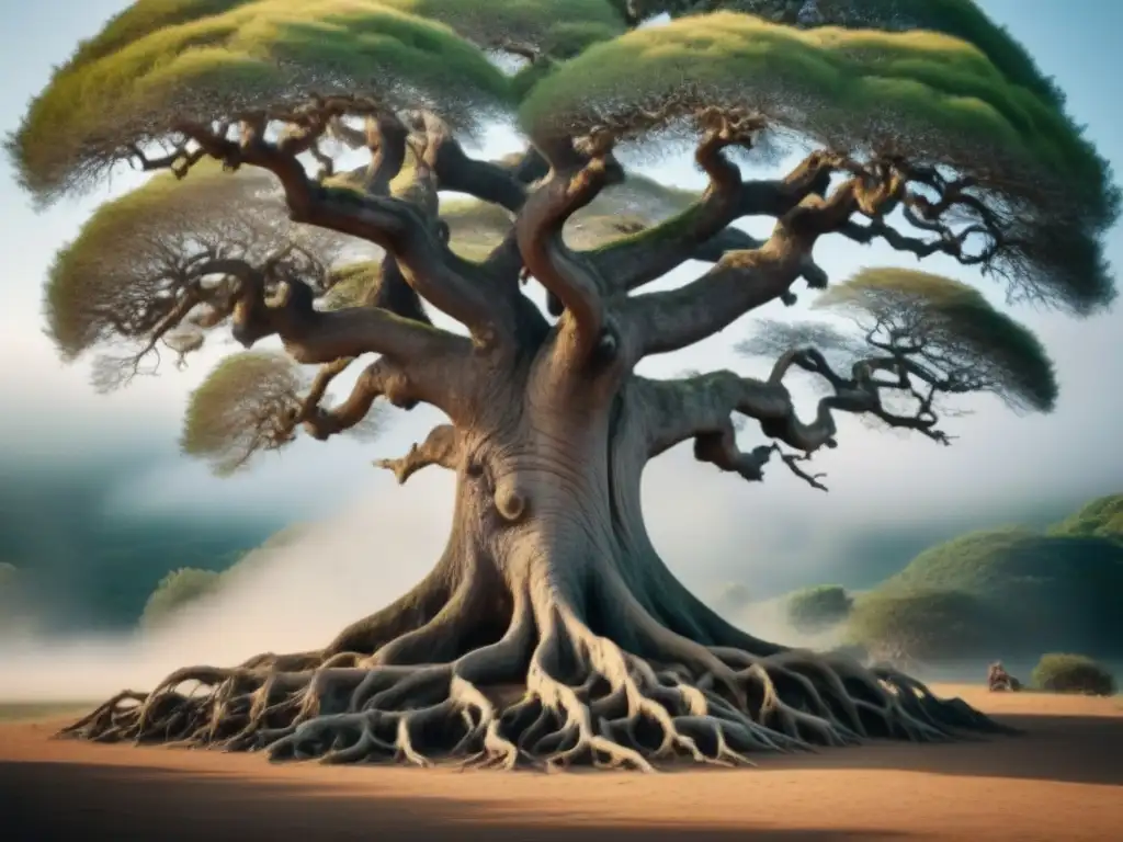 Inspiradora imagen de un árbol antiguo con raíces intrincadas, simbolizando la espiritualidad en poesía ancestral