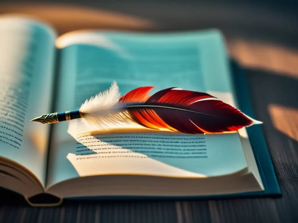 Inspiradora pluma sobre libro abierto con caligrafía, iluminación suave