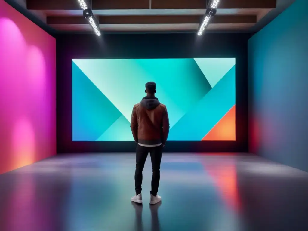 Instalación de arte digital: vibrante interacción de colores y formas Una instalación de arte digital moderna y elegante, con una poesía visual y concreta digital