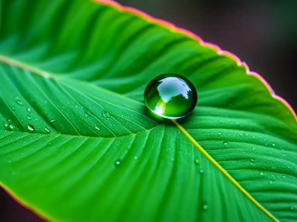 Un instante de belleza: una única y delicada gota de rocío en una hoja verde vibrante, reflejando el bosque