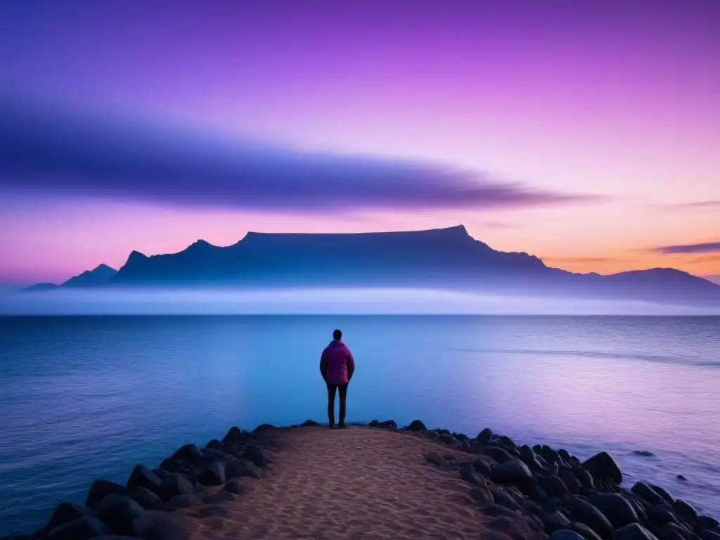 Un instante de contemplación al borde del mar al atardecer, expresando emociones complejas en poesía