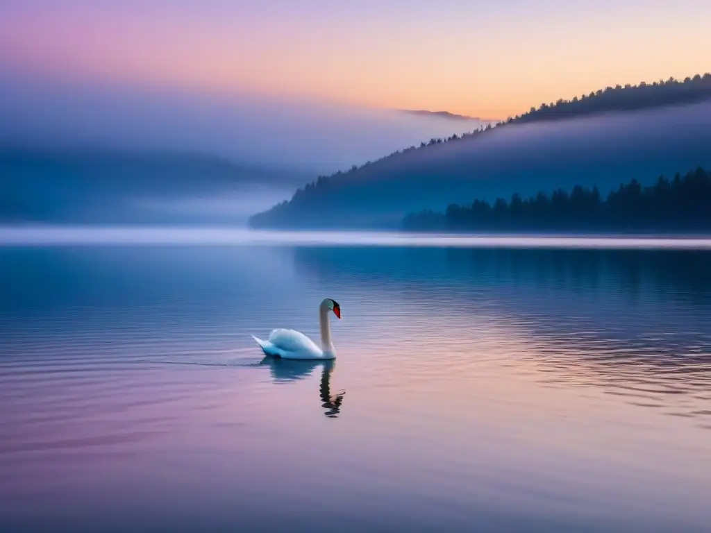 Un instante de contemplación serena en un lago al atardecer, donde un cisne blanco se desliza