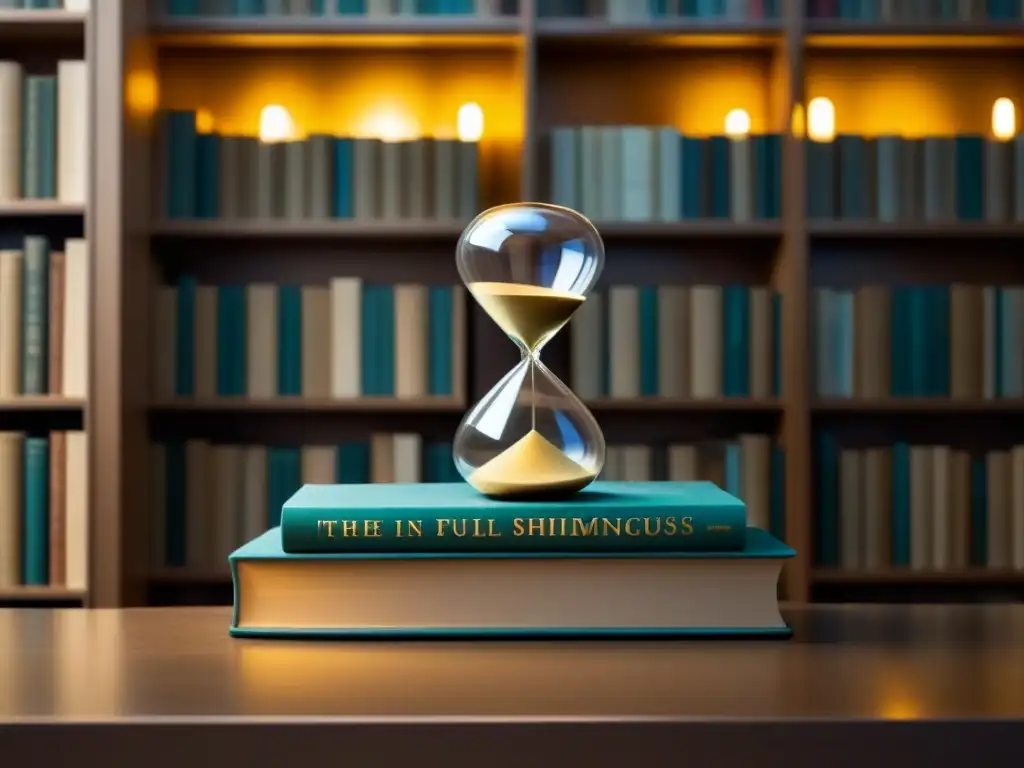 Un instante dorado: un reloj de arena brilla sobre libros de poesía transformadora en una biblioteca serena