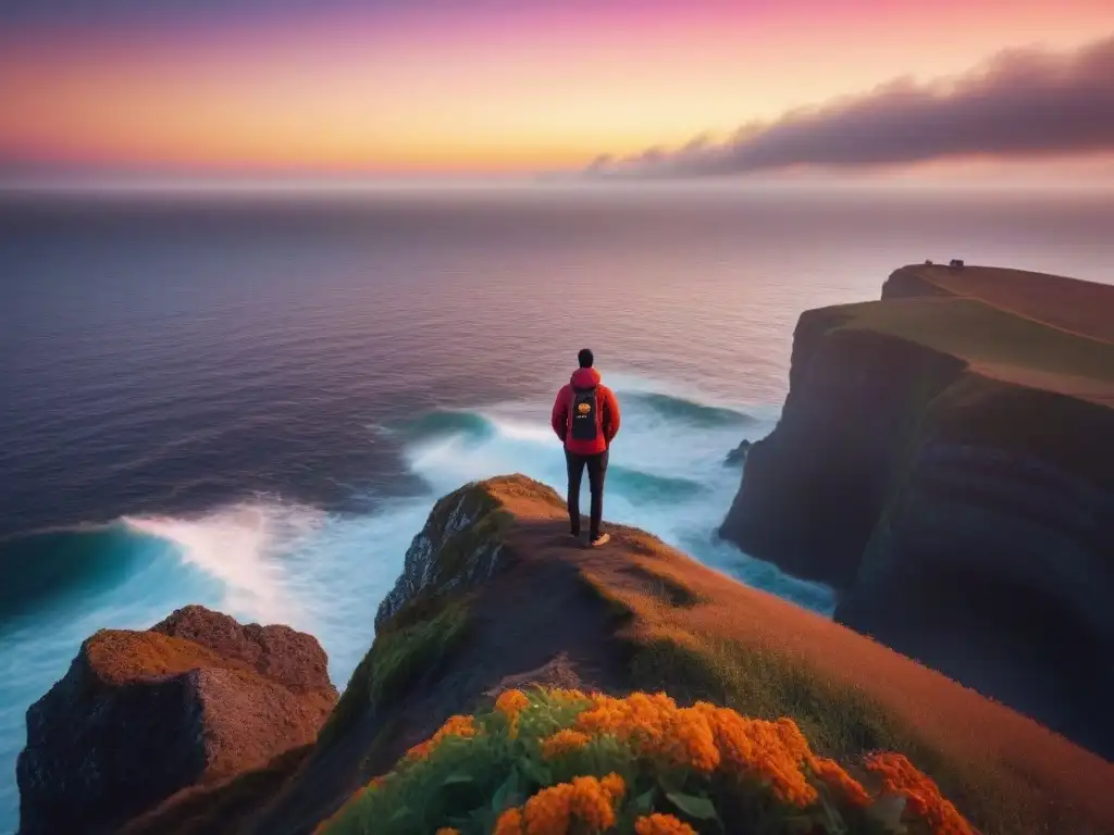 Un instante lírico de belleza transformadora: figura solitaria en acantilado contempla mar al atardecer, musa de poesía