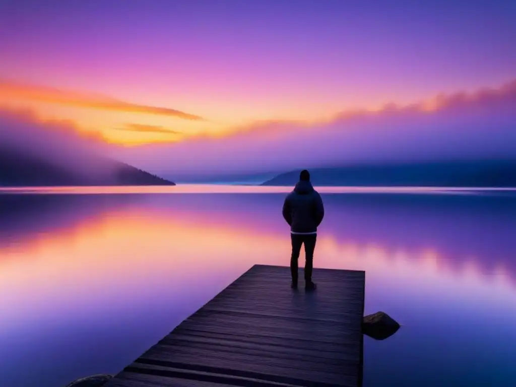 Un instante de poesía lírica moderna profundidad transformadora: figura solitaria al borde de un lago al atardecer