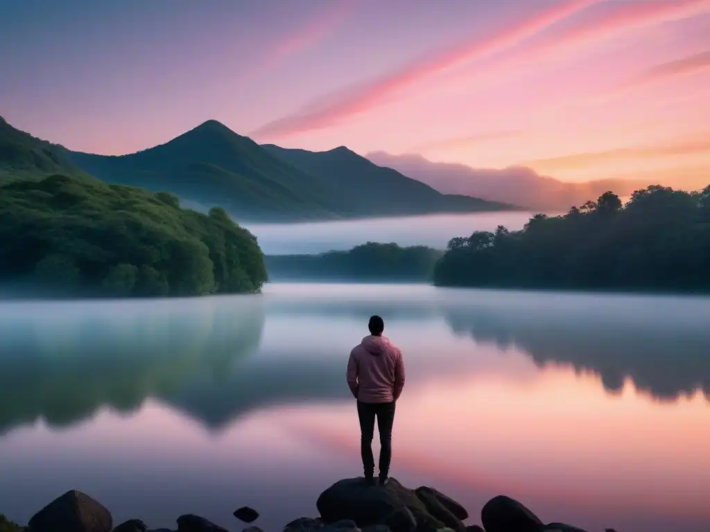 Un instante de paz y reflexión junto al lago, en armonía con la naturaleza al amanecer