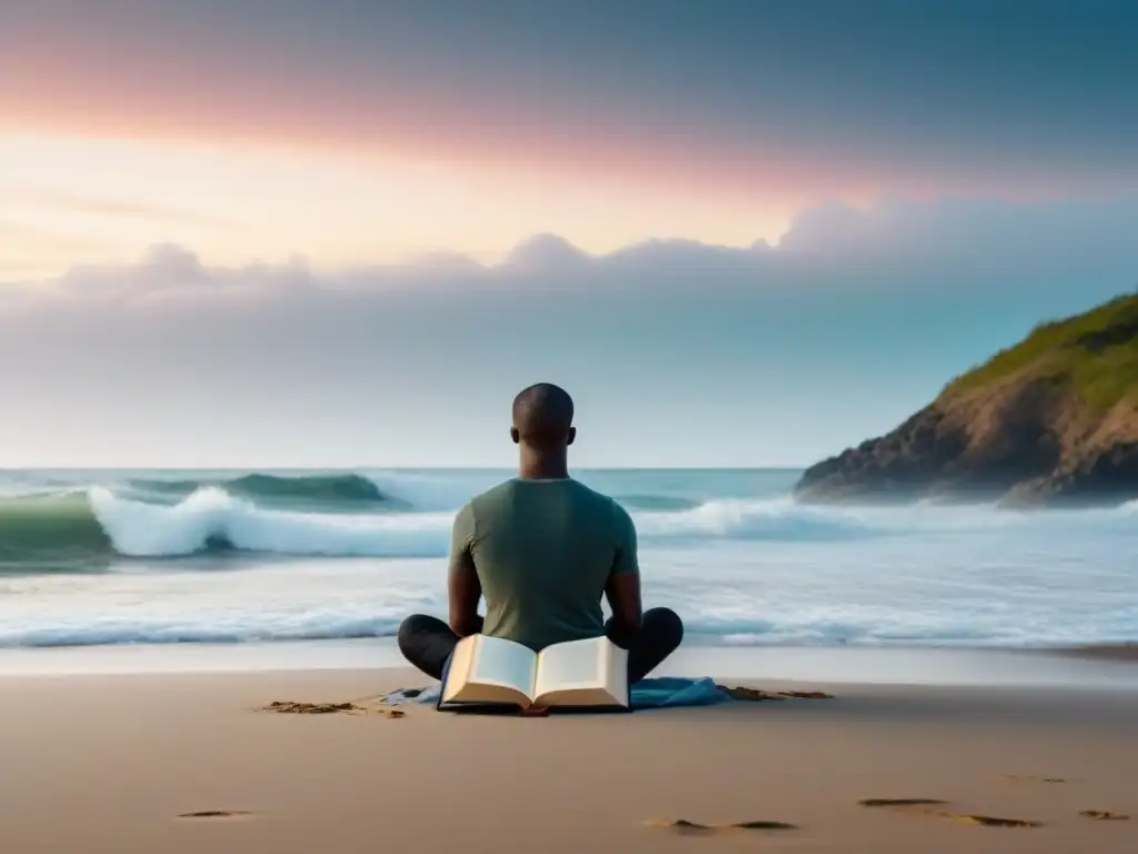 Un instante de paz y reflexión al leer poesía en la playa al atardecer