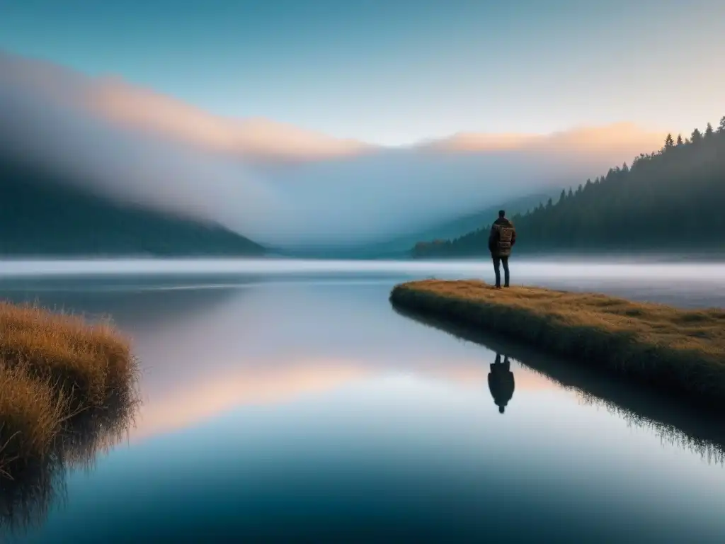 Un instante poético de autoconocimiento: una persona contempla su reflejo en un lago sereno