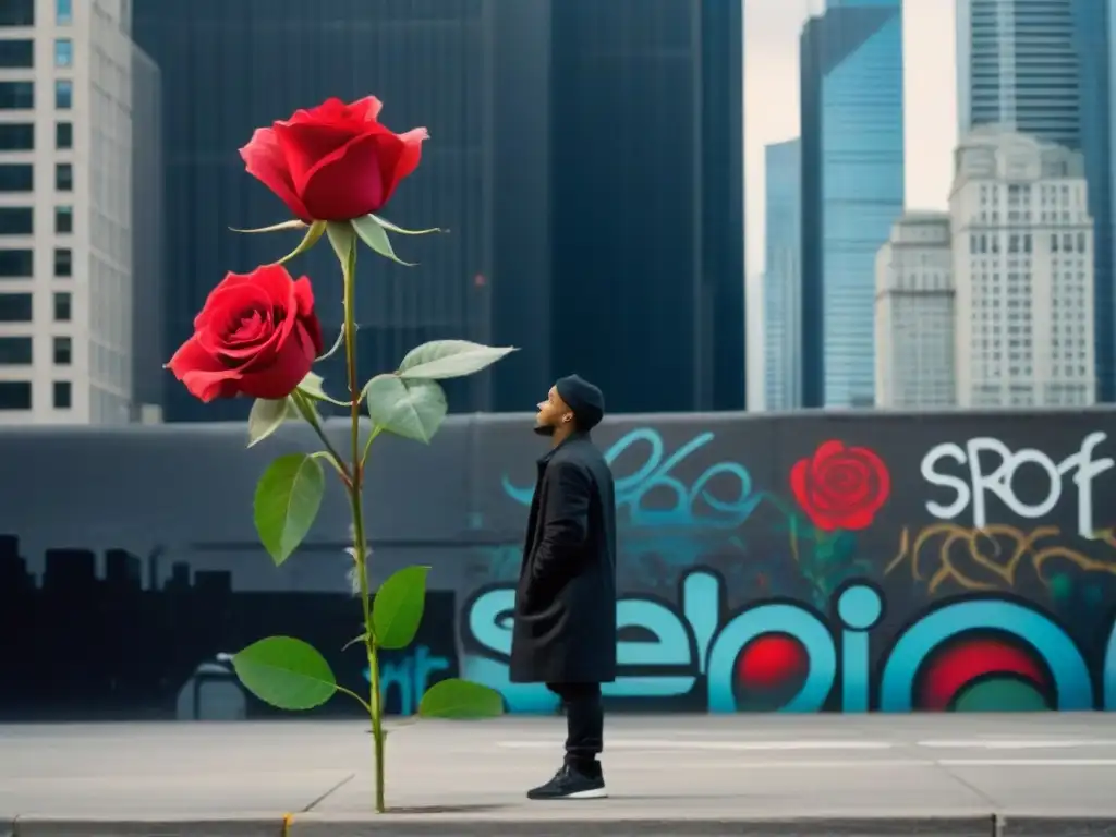 Un instante poético en el espacio urbano: una figura solitaria contempla un muro graffiteado con arte callejero, sosteniendo una rosa roja