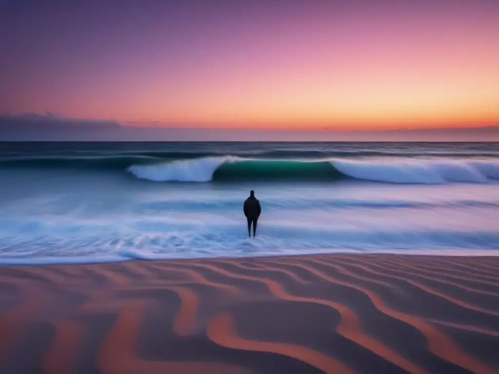 Un instante poético: figura solitaria en playa al atardecer