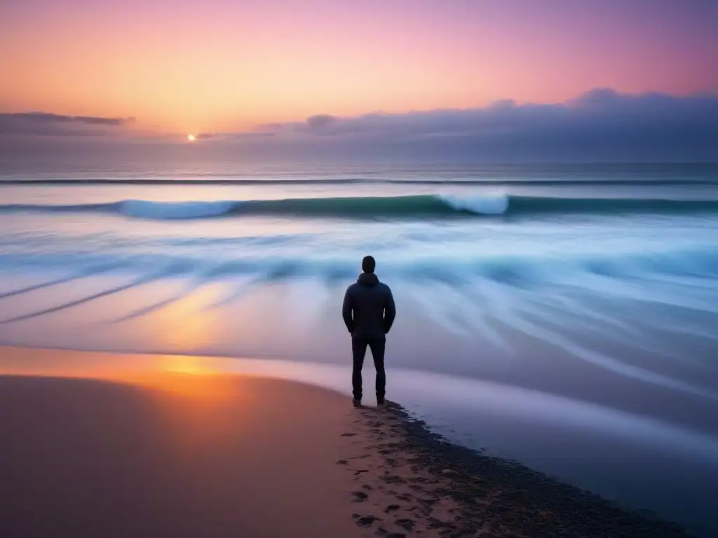 Un instante poético frente a la erosión: una silueta contemplativa en la costa, bajo un atardecer cálido y sereno