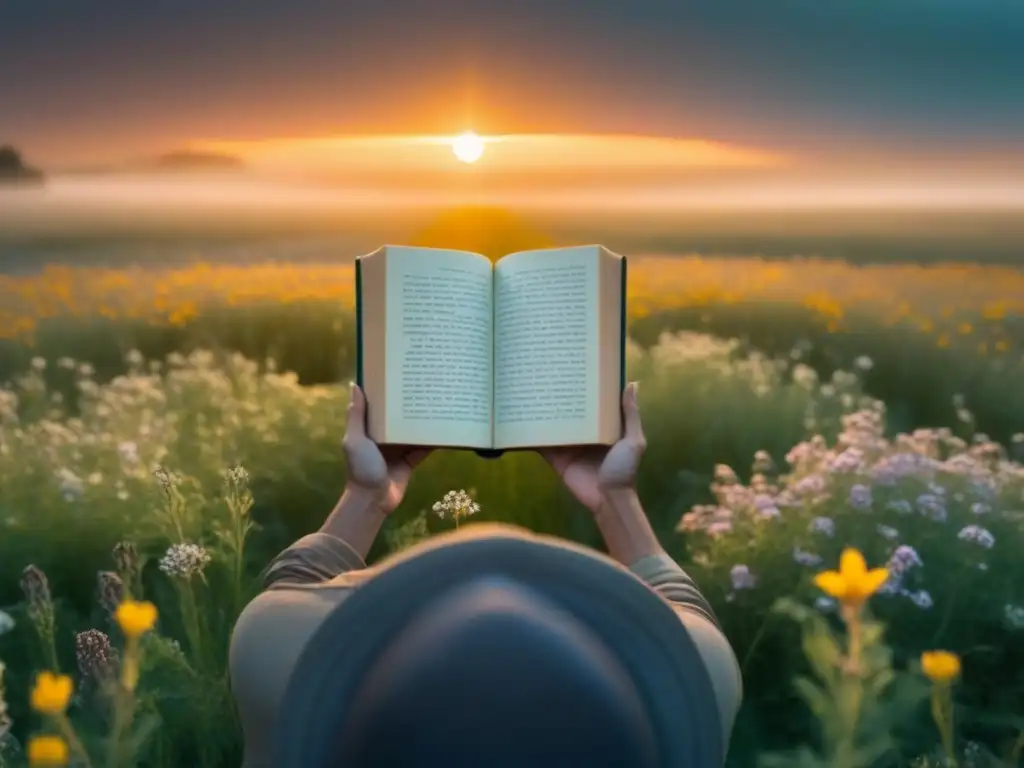 Un instante de transformación a través de la poesía: figura solitaria en un campo al amanecer, con un libro y flores