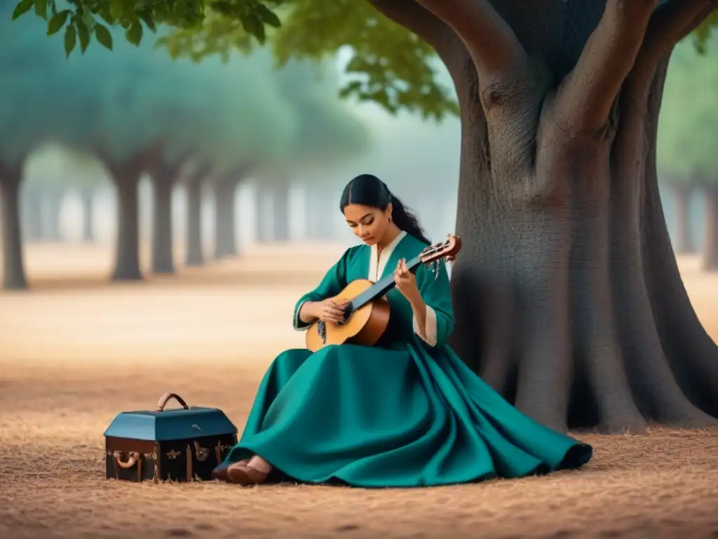 Una trobairitz, Beatriz de Dia, toca un instrumento medieval bajo un árbol con poesía trovadoresca