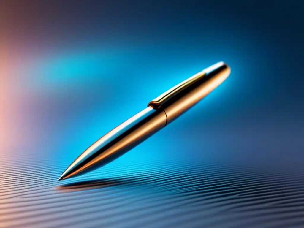 Fusión de inteligencia artificial en la poesía: un bolígrafo flotando entre líneas de código y versos poéticos, emitiendo luz