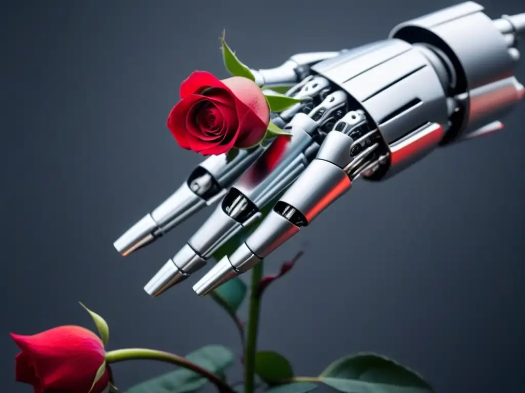 Inteligencia artificial en poesía: Un robot plateado sostiene una rosa roja, fusionando tecnología y emoción en la poesía contemporánea