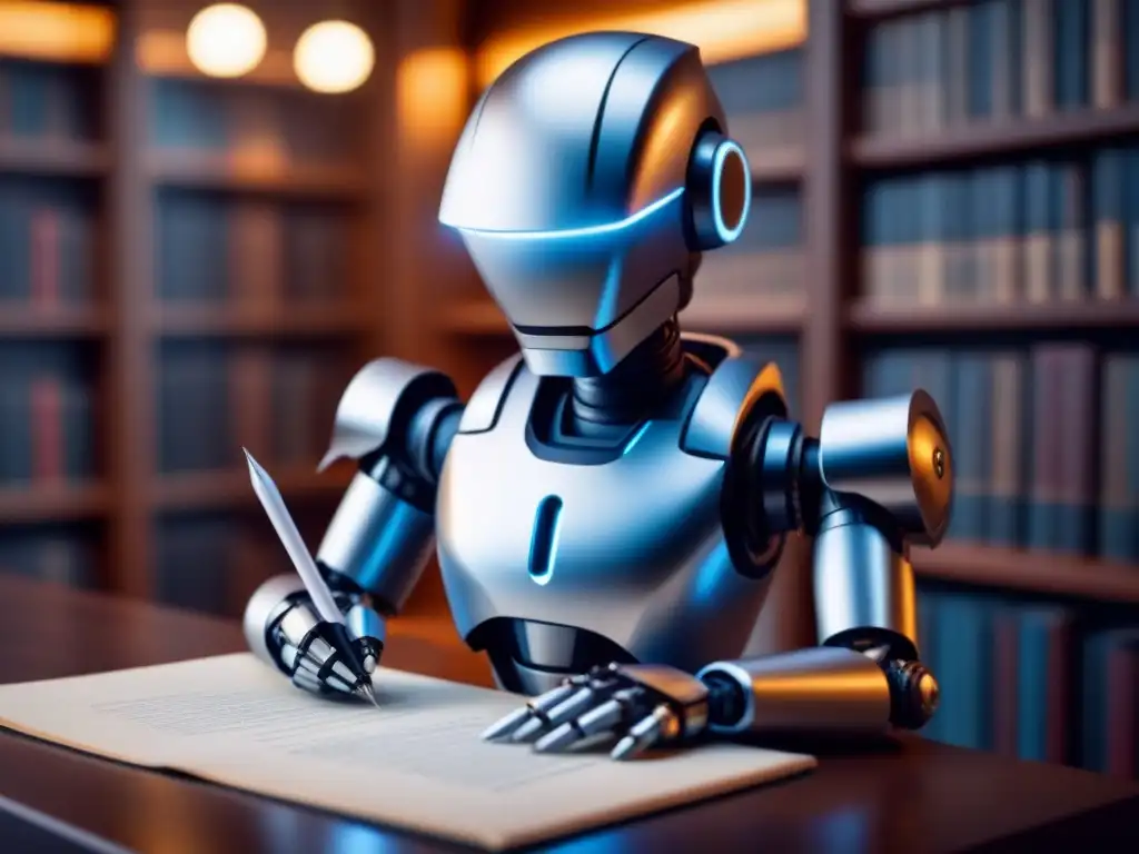 Inteligencia artificial y poesía: Robot plateado escribiendo con pluma en biblioteca difuminada