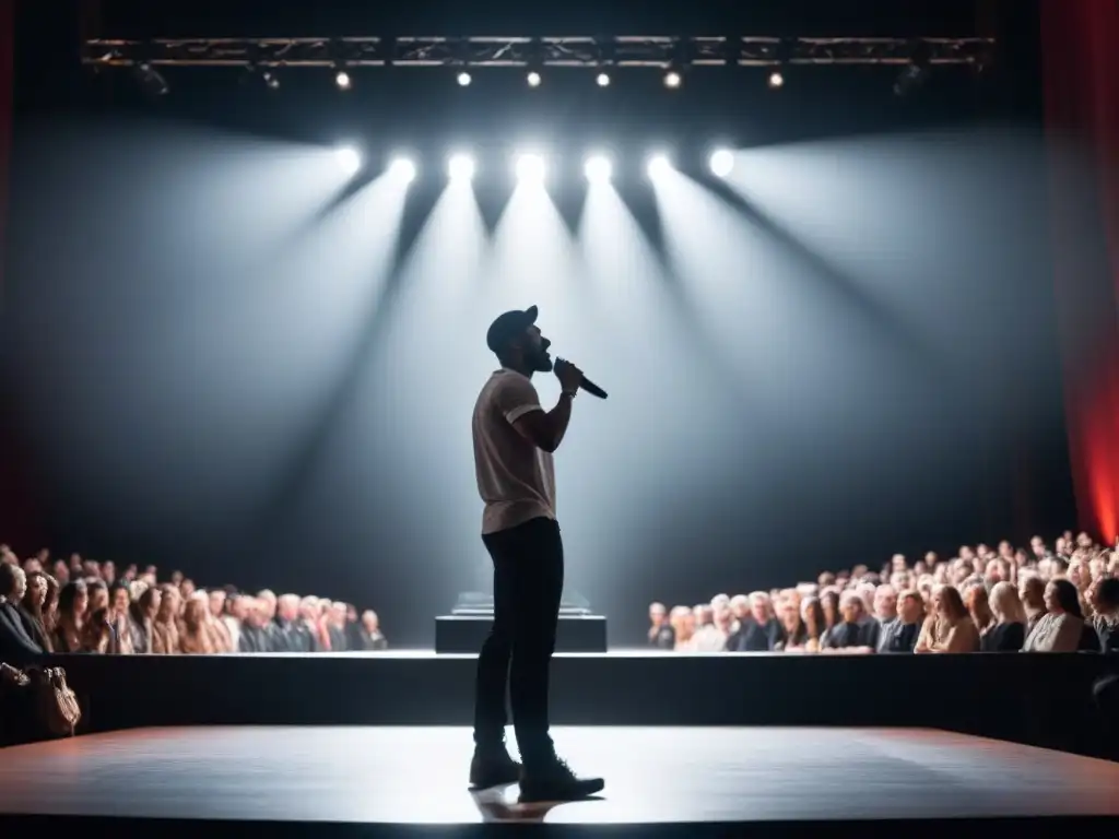 Intenso recital de poesía visual transformadora en escenario, con público difuminado