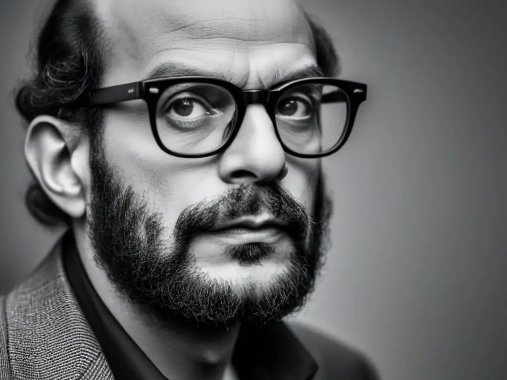 Intensos ojos de Allen Ginsberg tras gruesos lentes, reflejando sabiduría y profundidad