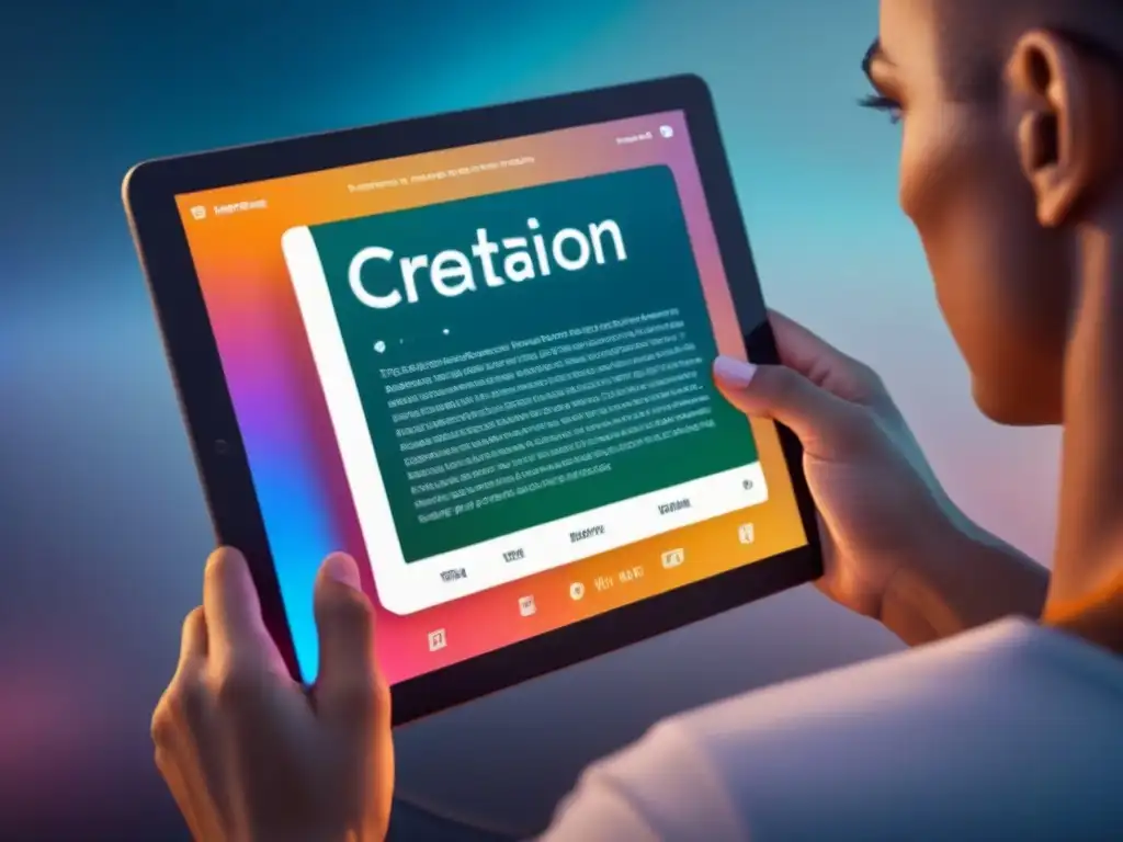Interfaz de app para gamificar escritura poética en tablet futurista