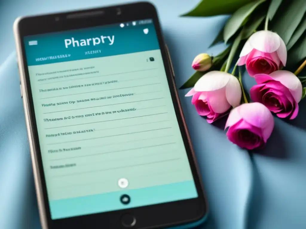 Interfaz de app de notas poéticas en smartphone moderno, con diseño elegante y fondo de flores