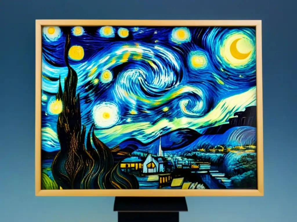 Una interpretación en blanco y negro de 'La noche estrellada' de Vincent van Gogh, detallando su magnífico cielo nocturno y la luna creciente