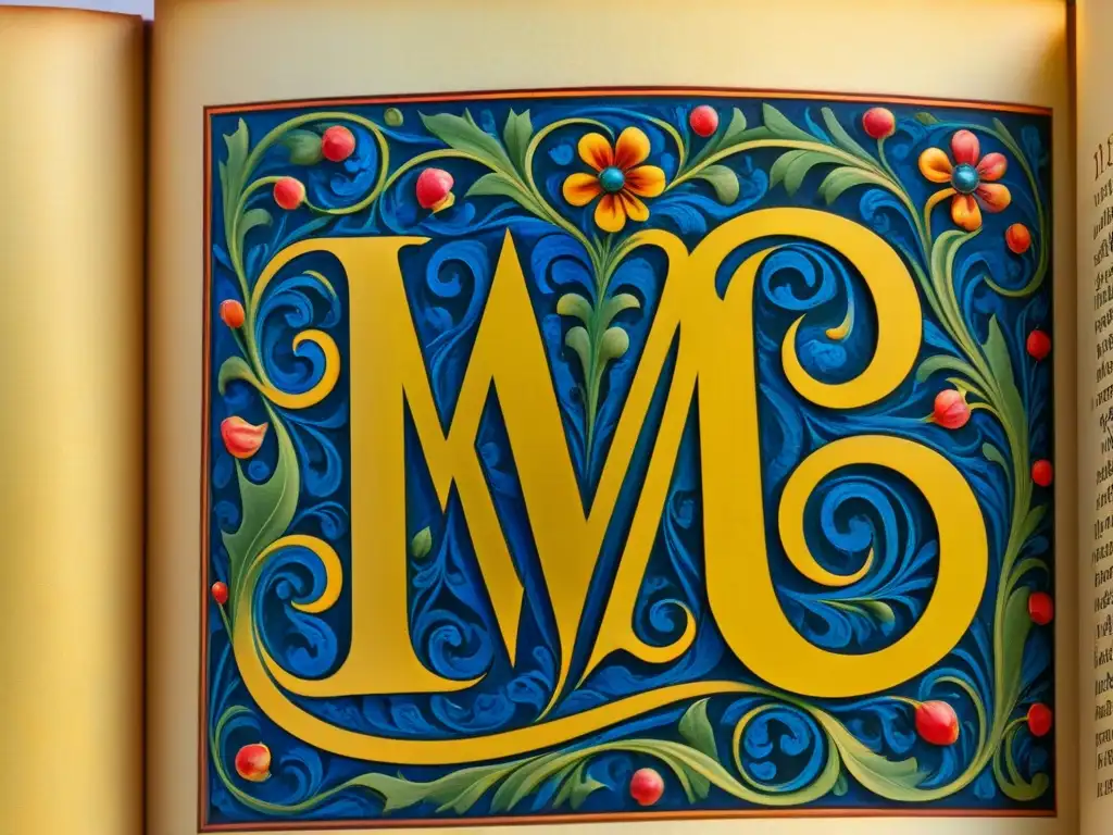 Majestuosa letra 'M' dorada rodeada de flores en manuscrito medieval Intrincada letra 'M' dorada rodeada de motivos florales en manuscrito iluminado medieval, poesía medieval