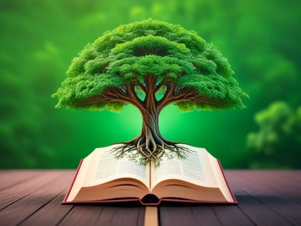 Intrincado árbol verde con raíces entrelazadas en páginas de libro, fusionando poesía ecocrítica en tiempos oscuros