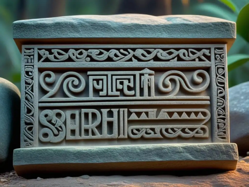 Glyph maya ancestral: símbolos sagrados y conexión espiritual Intrincado glifo maya esculpido en piedra, iluminado por un resplandor etéreo, evocando la poesía indígena transformadora palabras místicas
