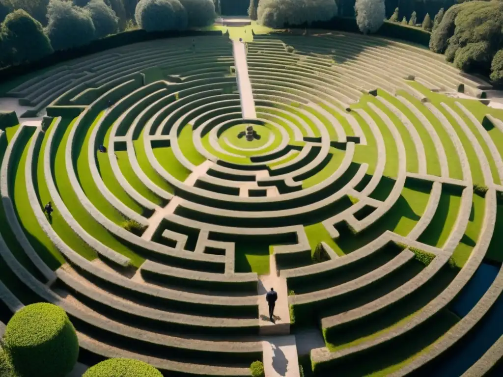 Intrincado laberinto en blanco y negro simbolizando la complejidad de la poesía de Jerónimo de Carrión