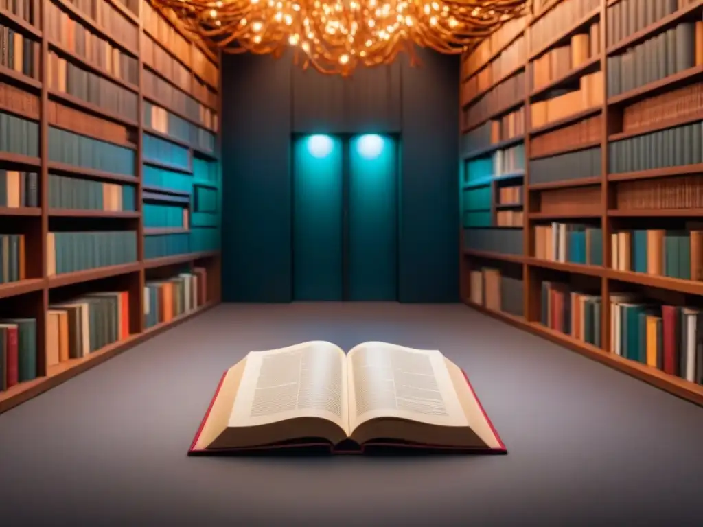 Intrincado laberinto de libros iluminados flotando en la oscuridad, simbolizando la complejidad del 'El Aleph' de Borges en el análisis literario
