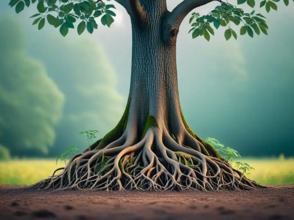 Raíces poéticas: conexión delicada entre identidad y naturaleza Un intrincado sistema de raíces de árbol, simbolizando la conexión entre identidad y poesía