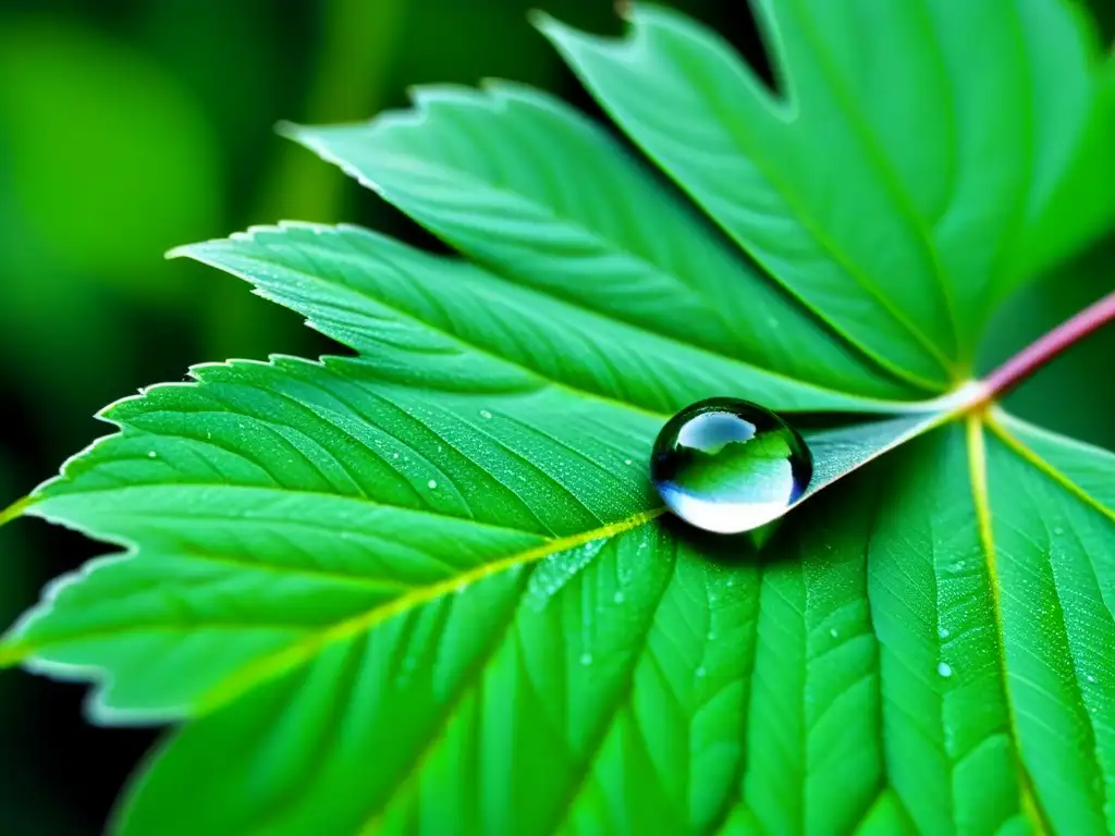 Invocación de la Naturaleza en Poesía: Detalle impresionante de una gota de rocío en hoja verde, reflejando el bosque