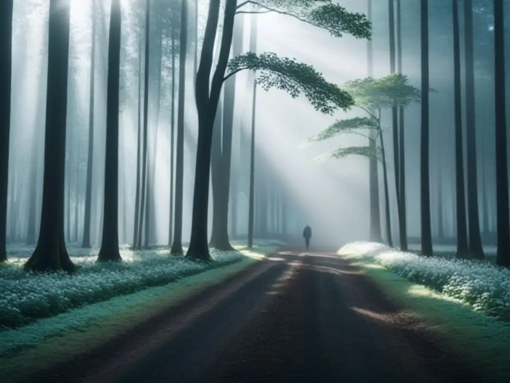 Invocación de la Naturaleza en Poesía: Ilustración minimalista en blanco y negro de un bosque sereno y armonioso, con árboles altos y delgados alcanzando el cielo y follaje delicado en el suelo