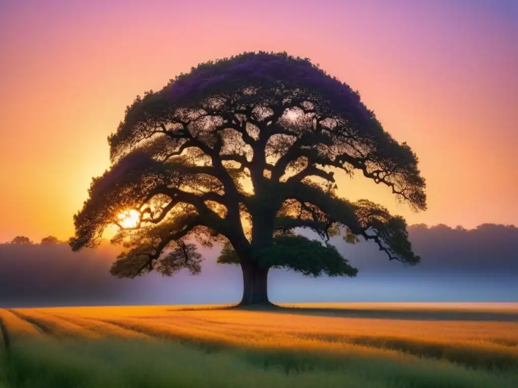 Invocación de la Naturaleza en Poesía: Roble solitario en campo dorado al atardecer